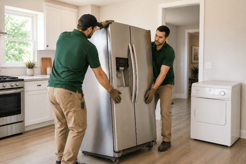 Two workers removing a refrigerator